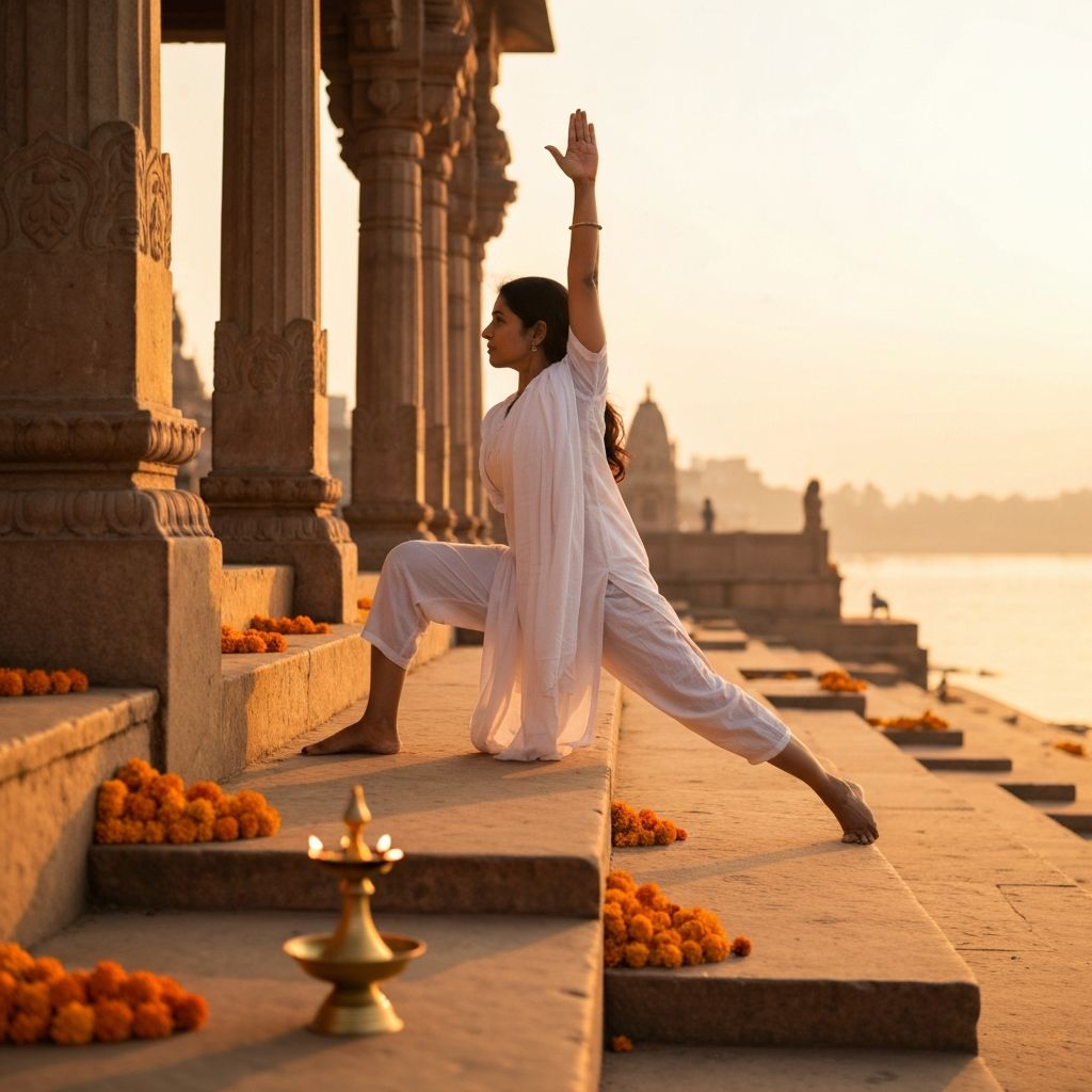Indian woman practicing Surya Namaskar at a traditional ghat