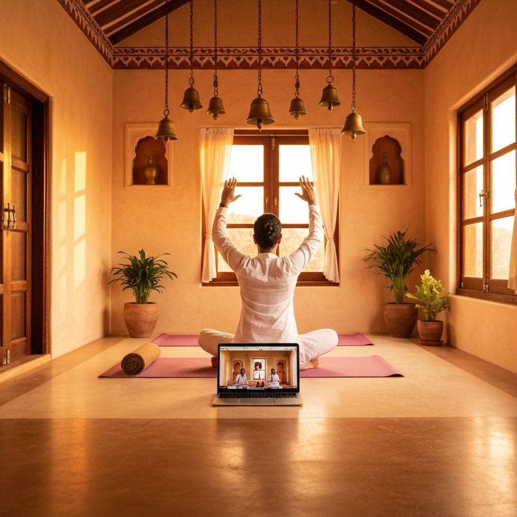 Indian yoga instructor conducting a live online yoga class